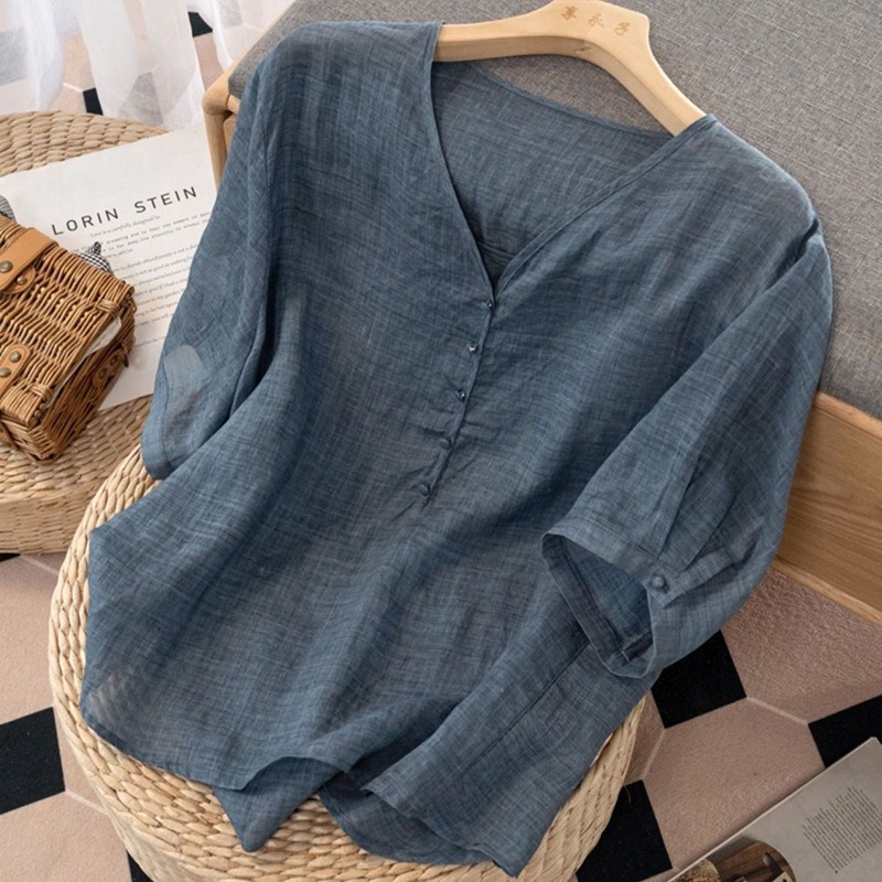Women's Linen Blend V-Neck T-S - Linen Shirt Breathable recension och pris
